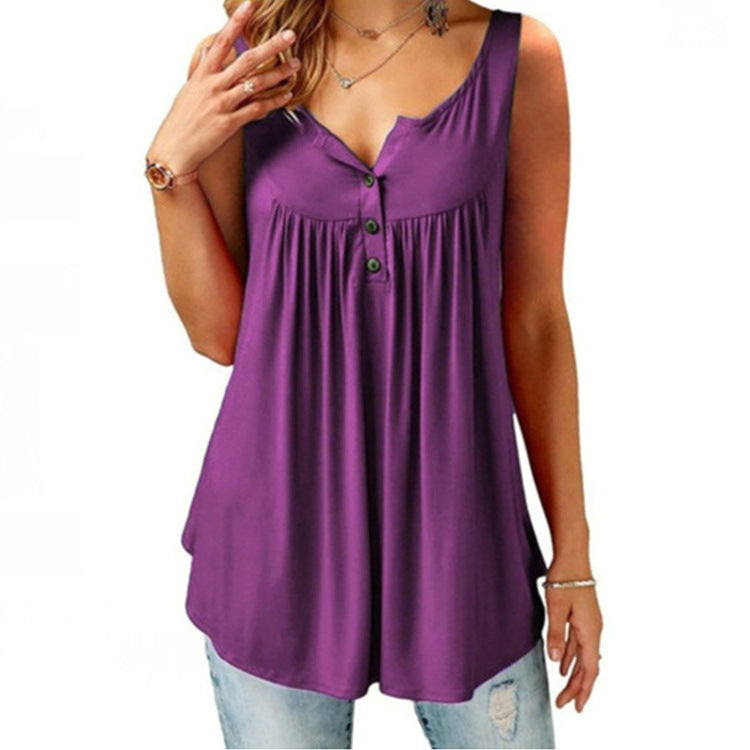 Solid Color Gathered Sleeveless Women's Casual T-Shirt Mid Length Button Vest