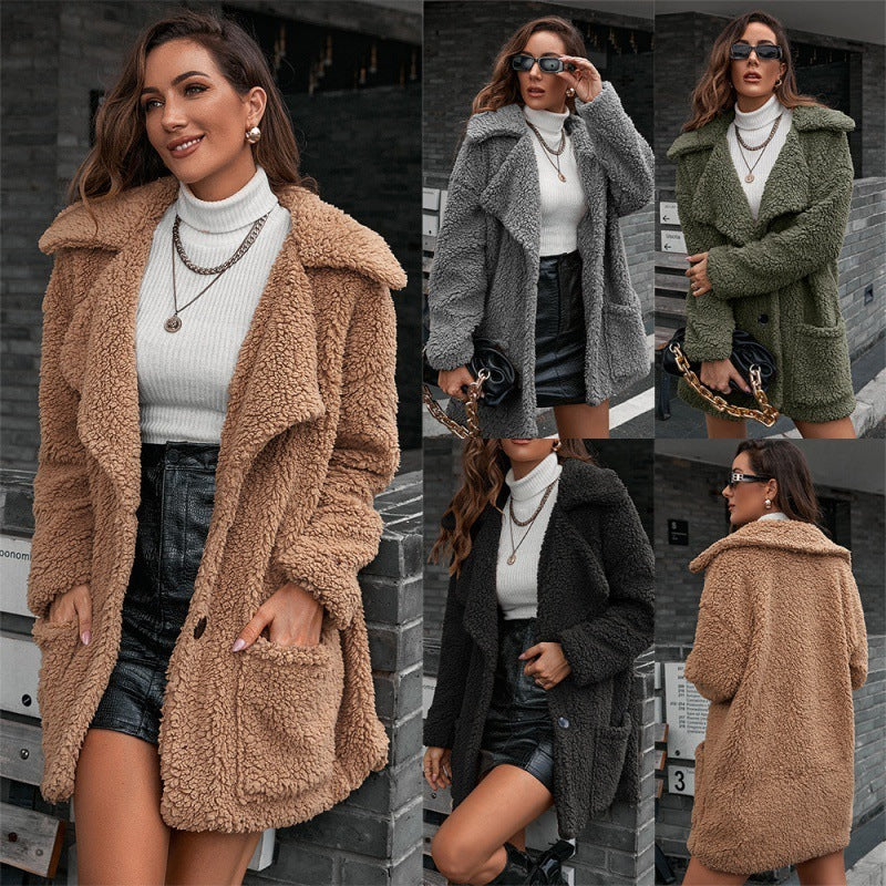 Single Breasted Bubble Fleece Jacket Loose Lapel Lamb Fleece Trench Coat