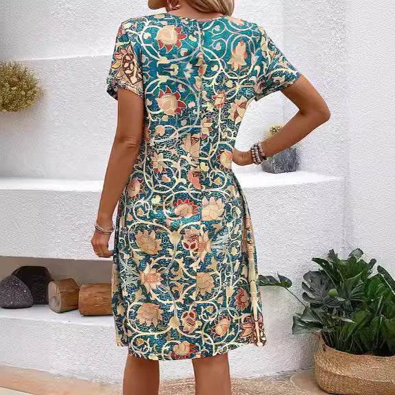 Round Neck Plant Flower Print Loose Casual Dress