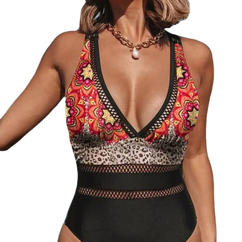 Printed Sexy V-neck Cross Back Sleeveless One-piece Swimsuit