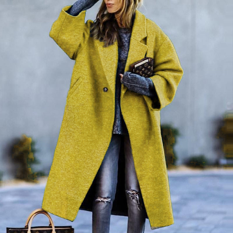 Autumn And Winter Long Woolen Color Temperament Commute No Belt Lapel Loose Woolen Green Coat