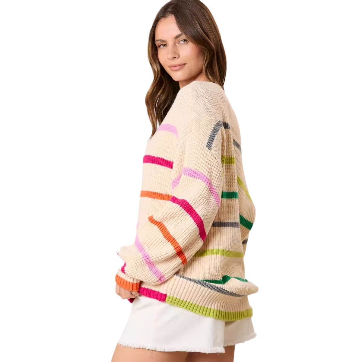 Contrast Color Striped Round Neck Top Long Sleeve Knitted Sweater