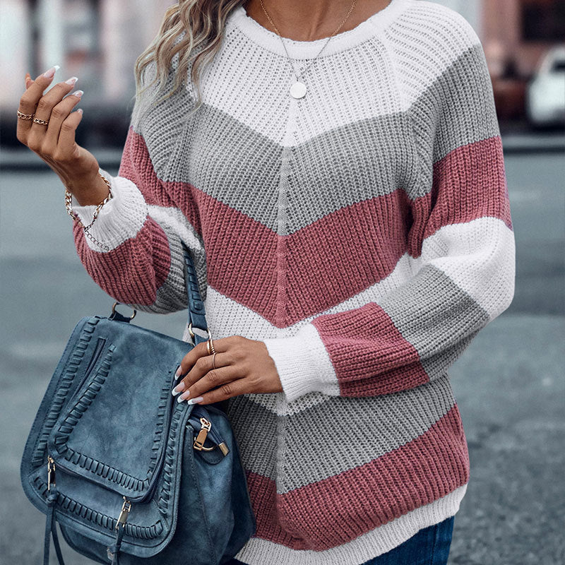 Striped Crew Neck Casual Sweater For Women