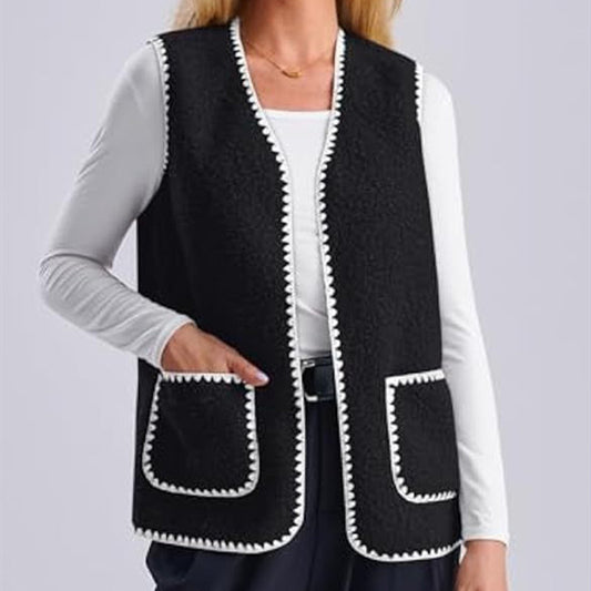 Fashion Color Contrast Sleeveless Lamb Wool Base Vest Coat