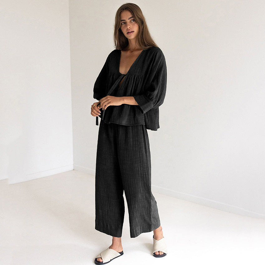 Women's Fashion Long Sleeve Double-layer Crepe Pajamas Trousers Loose Outfit