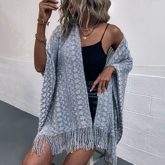 Polyester Yarn Crocheted Hollow Knitted Tassel Cape And Shawl Sweater Women's Cardigan