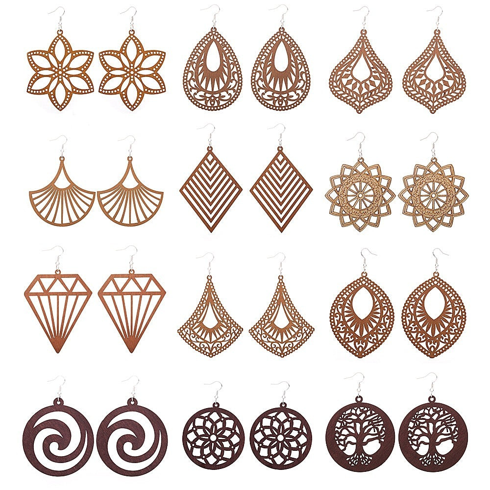 Exaggerated African Pattern Geometric Wooden Earrings Brown