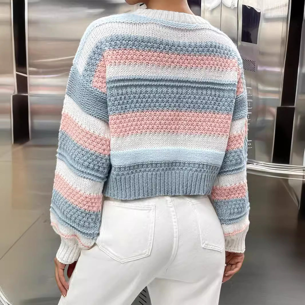 Spring And Autumn New Contrast Color Women's Striped Elegant Fashion Women's Knitted Pullover