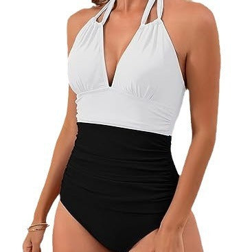 Solid Color Backless Polo Neck One Piece Swimsuit