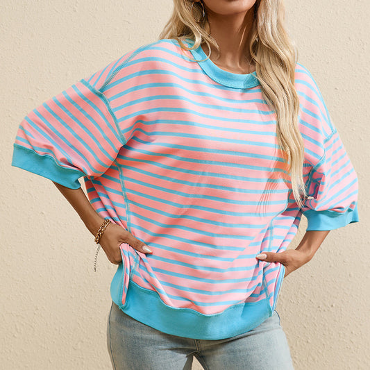 Women's Striped Color Matching Short-sleeved T-shirt