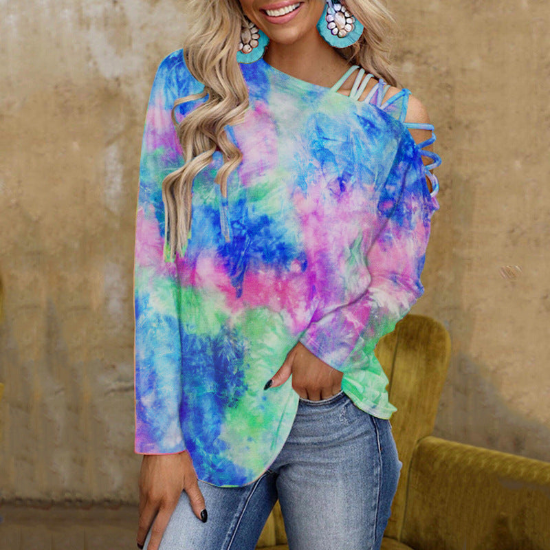 Tie-Dye Printed Long-Sleeved Off-Shoulder Sexy Casual Loose T-Shirt