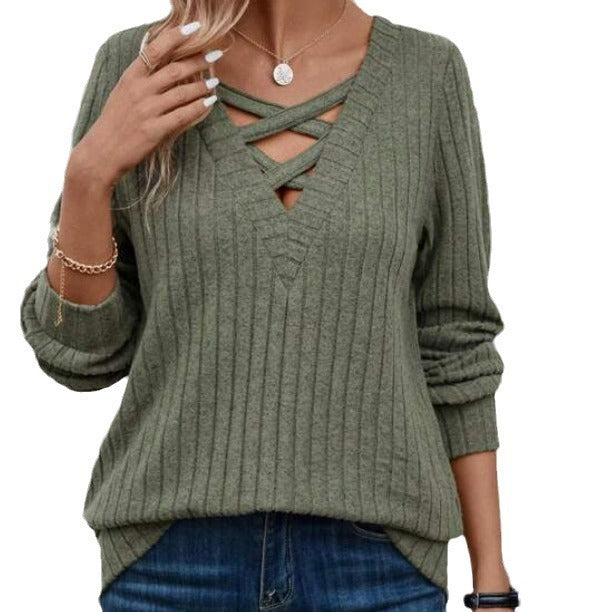 Solid Color Cross Band Women's Knitted Sweater