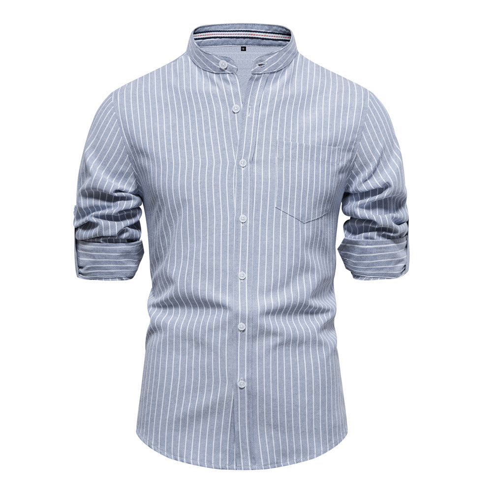 Spring And Summer Slim Stand Collar Shirt Men's Cotton And Linen Stripes Long Sleeve Shirt