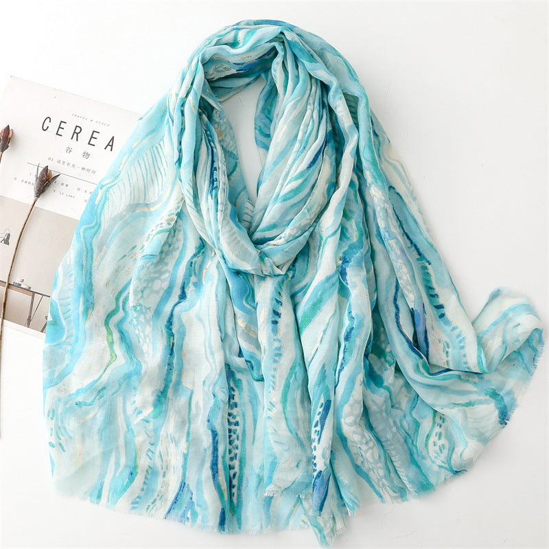 Cotton And Linen Feel Scarf Bronzing Flowing Landscape Scarf