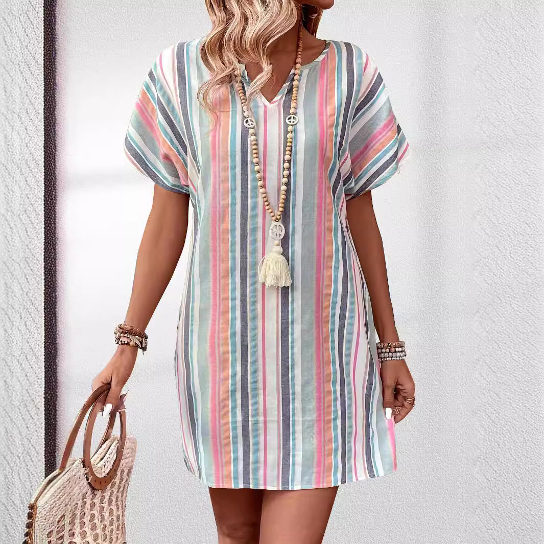 Fashion Color Striped V-neck Casual Short Sleeve Dress