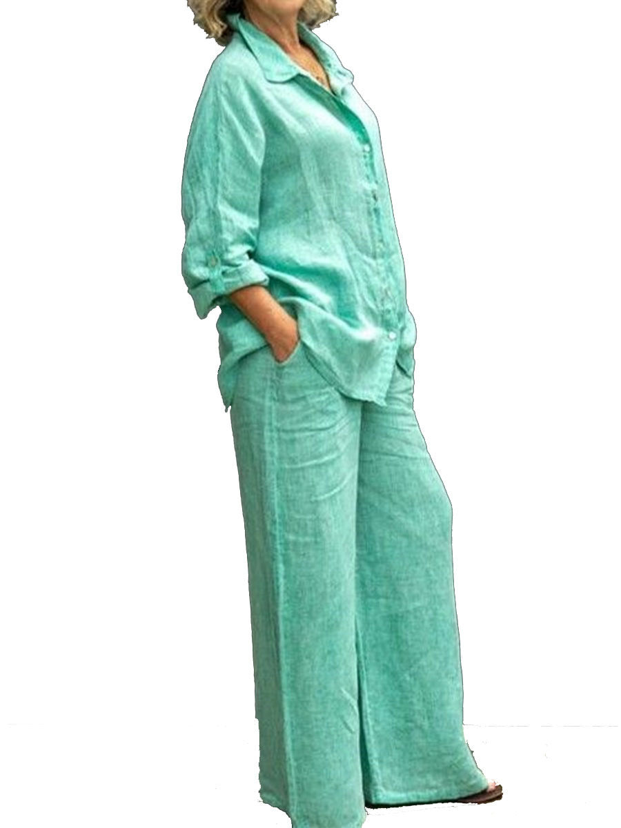 Women's Solid Color Casual Shirt Pants Suit