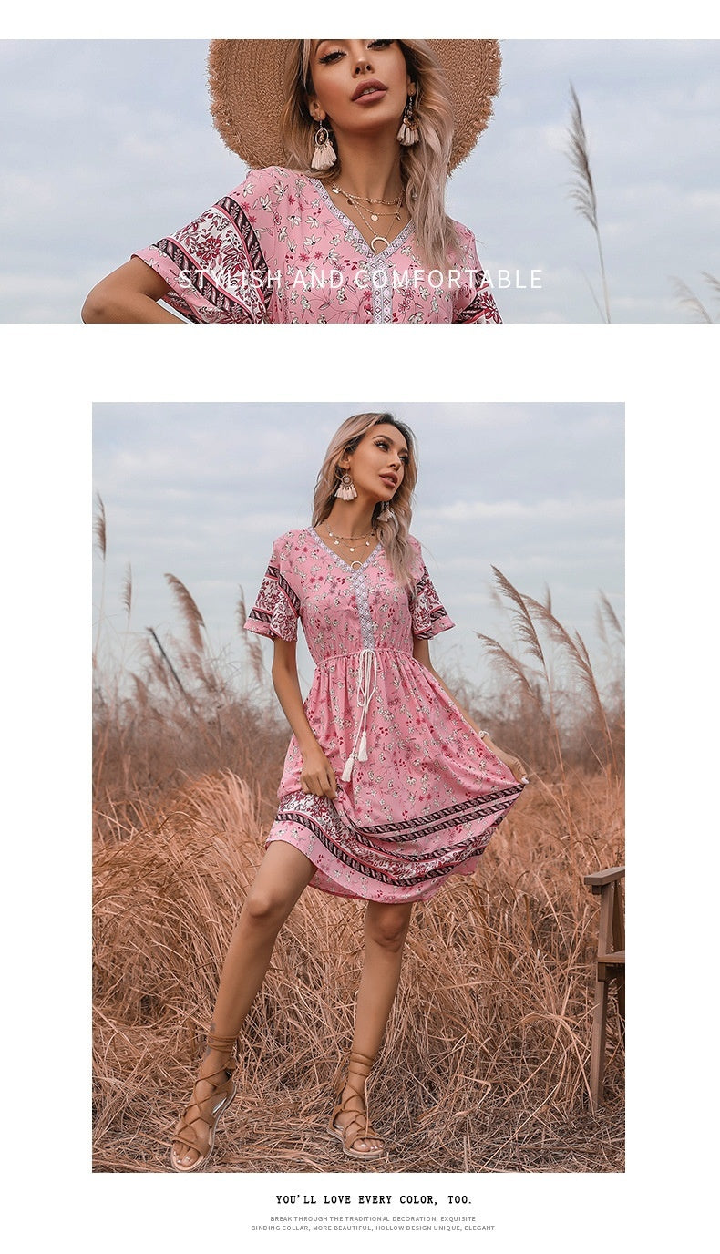 Women's Pink V-neck Printed Dress