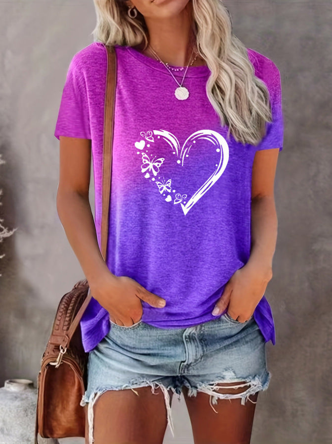 Love Gradient Printing T-shirt Fashion Street Short Sleeve Round Neck Straight Top