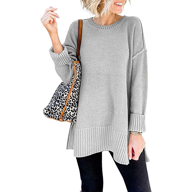 Round Neck Sweater Long Sleeve Side Slit Loose Wool Knit Pullover Top