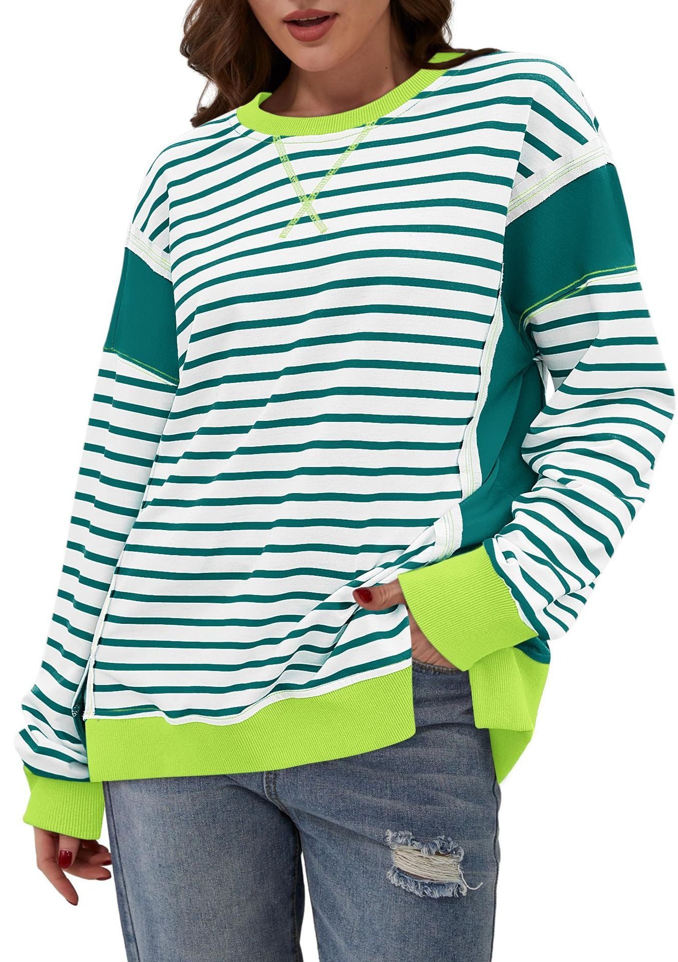 Color Matching Sweatshirt Striped Color Contrast Long Sleeve T-shirt