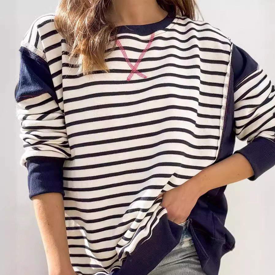 Color Matching Sweatshirt Striped Color Contrast Long Sleeve T-shirt