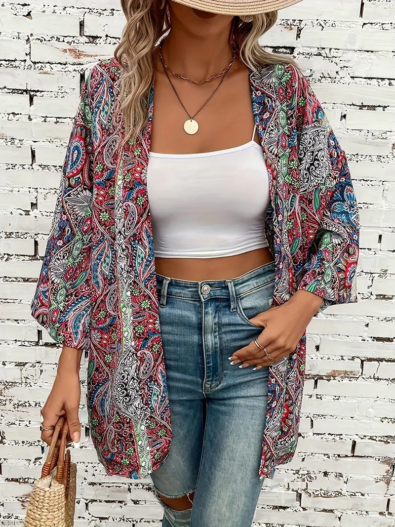 Ethnic Print Round Neck Shirt Bohemian Holiday Long Sleeve Shirt