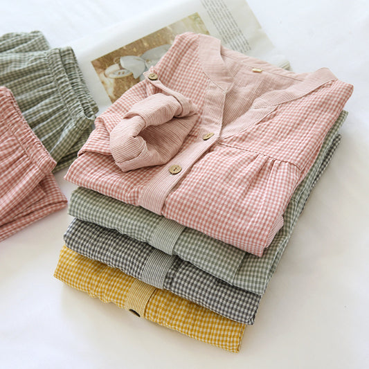 Cotton Double-layer Gauze Thin Pajamas Pants Ladies' Homewear Long-sleeved Trousers Yarn-dyed Washed Cotton Yarn