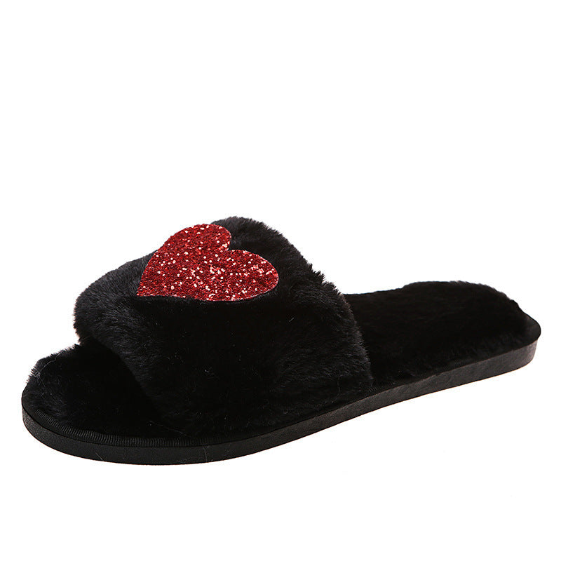 Love Sequin Slippers Winter Indoor Home Shoes Woemen Bedroom Slippers