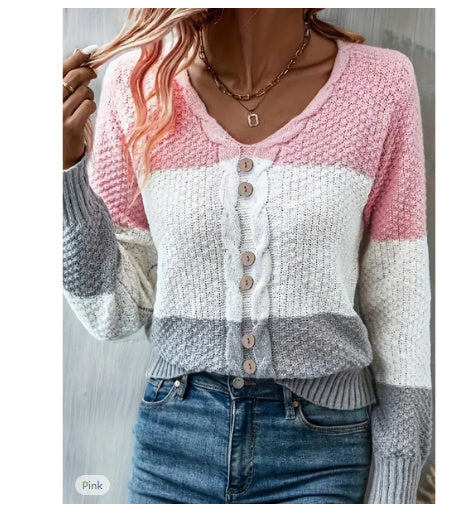 V-neck Long Sleeve Fake Button Colored Pullover Knitwear Top