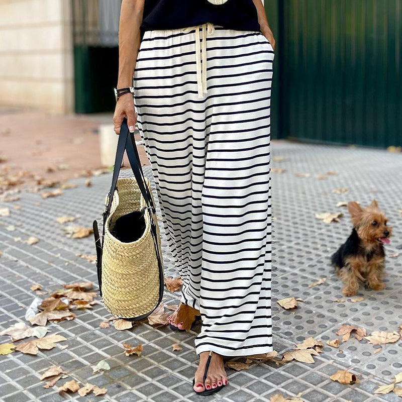 High Waist Striped Printed Casual All-matching Wide Leg Straight-leg Pants Women