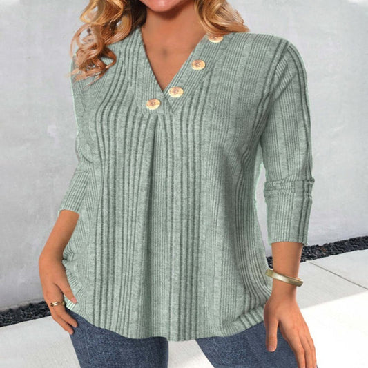 Women's Clothing V-neck Buttons Stitching Long Sleeve T-shirt