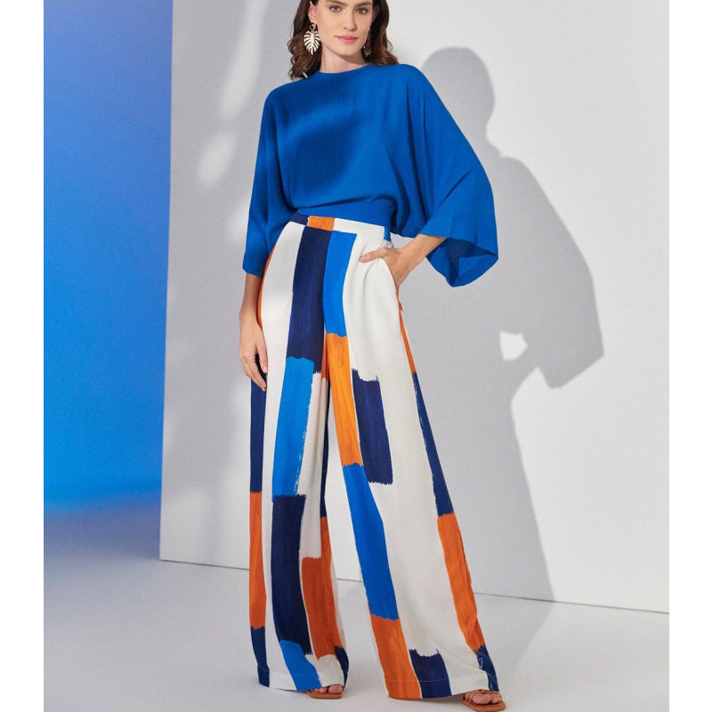 Blue Top High Waist Wide Leg Pants Suit