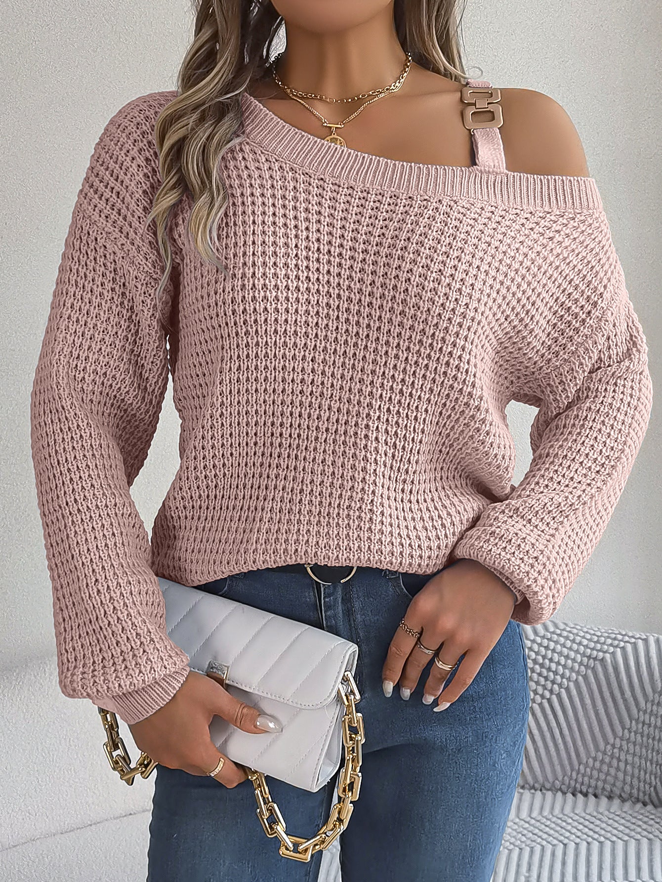 Casual Metal Buckle Patchwork Cold-shoulder Lantern Sleeve Pullover Sweater