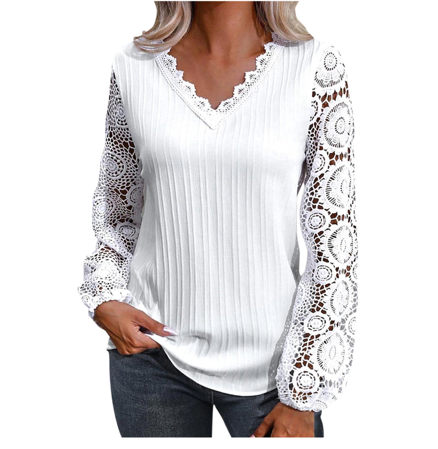 V-neck Casual Loose Women's Lace Bottoming Shirt Long Sleeve