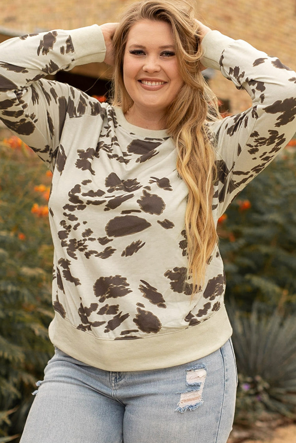 Plus Size Crew Neck Animal Print Pullover Sweatshirt