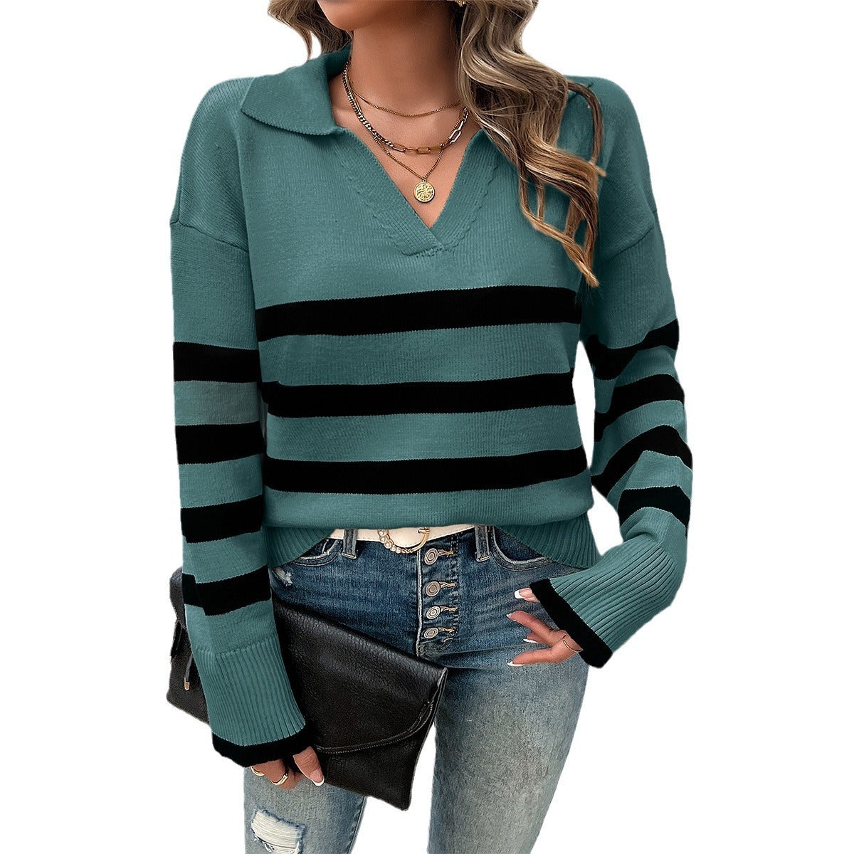 Women's Loose Striped Contrast Color Lapels Sweater