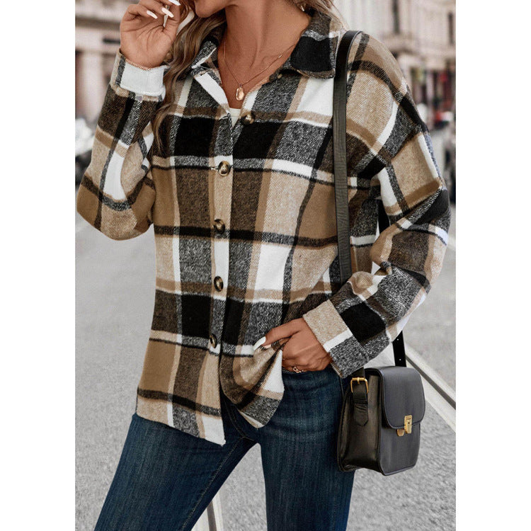 Woolen Loose Plaid Shirt Button Long Sleeve Coat