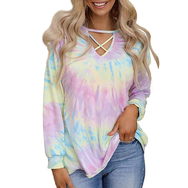 Fashionable Tie-Dye Printed Long-Sleeved Loose Casual Top