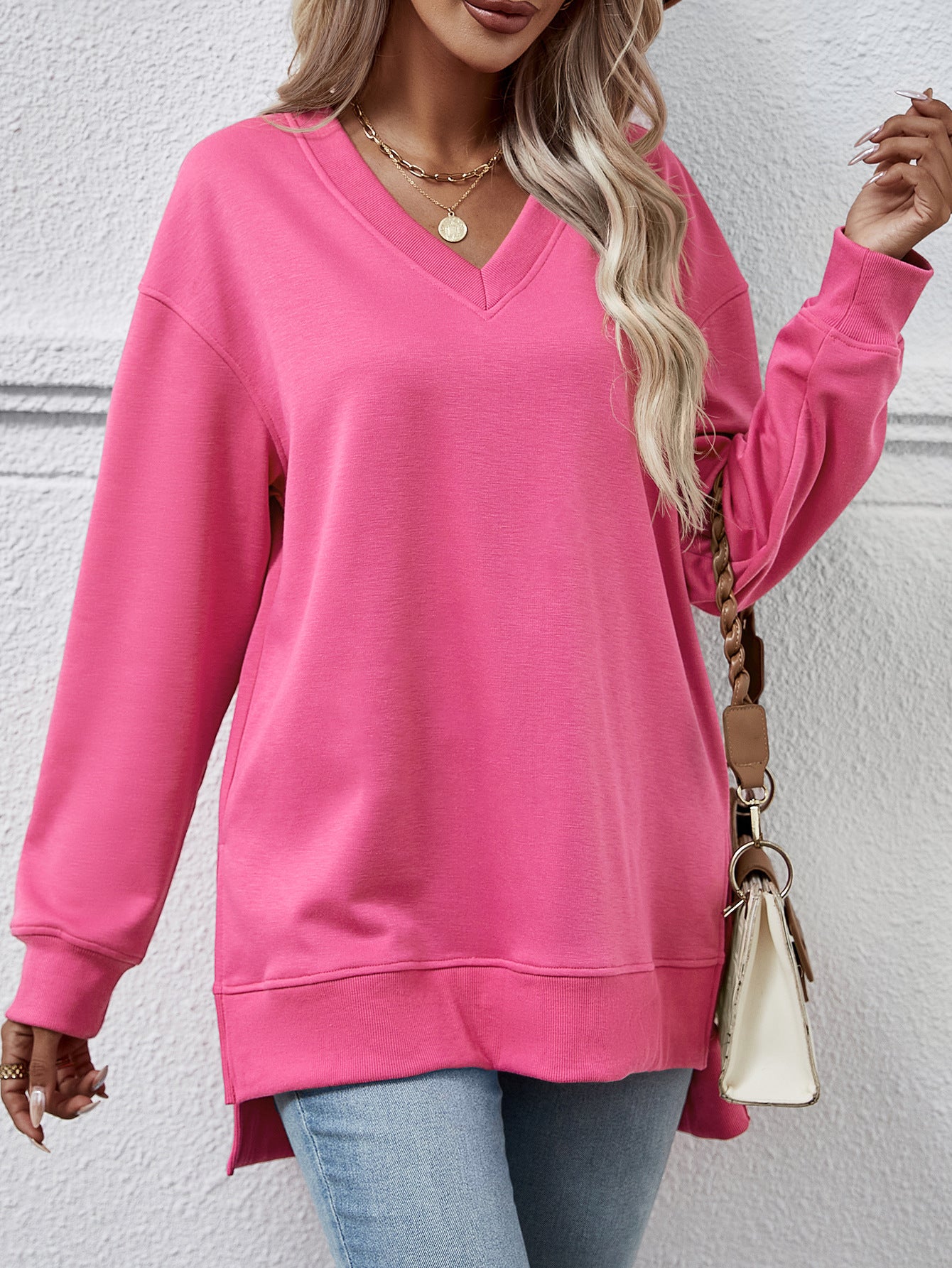 Solid Color And V-neck Split Front Short Back Long Sweater