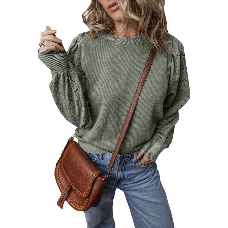 Textured Patchwork Round Neck Long Sleeve Top