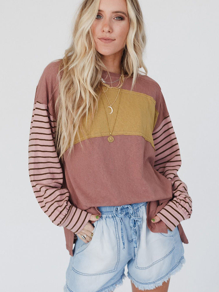 Women's Casual Striped Color Matching Long-sleeved Top