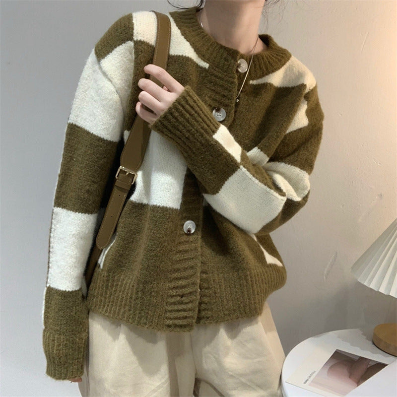 Women's Loose Check Color Check Sweater Coat