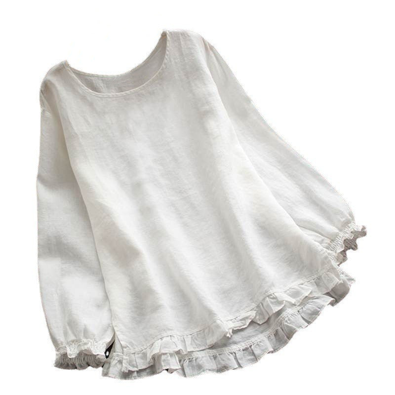 Long Sleeve Ruffled Bottom Cuff Loose-fitting Women's Cotton Linen Solid Color Round Neck Shirt