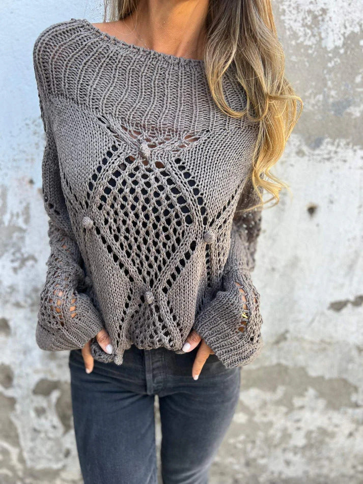 European And American Leisure Loose Hollow Out Sweater Round Neck Knitted Top