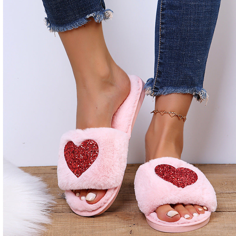 Love Sequin Slippers Winter Indoor Home Shoes Woemen Bedroom Slippers