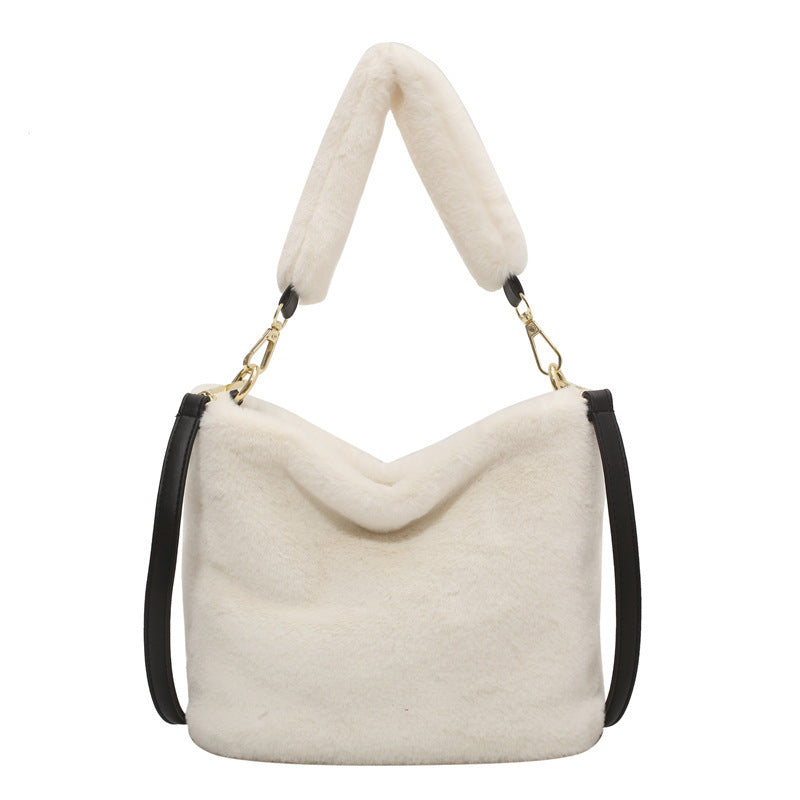 Fashion Solid Color Plush Portable Bucket Bag