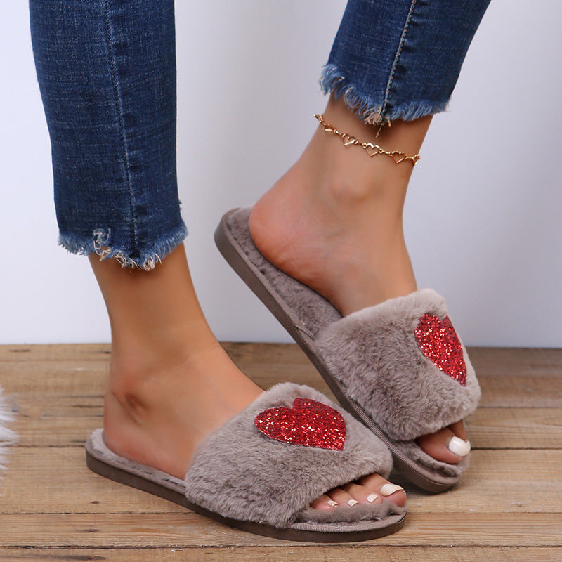 Love Sequin Slippers Winter Indoor Home Shoes Woemen Bedroom Slippers