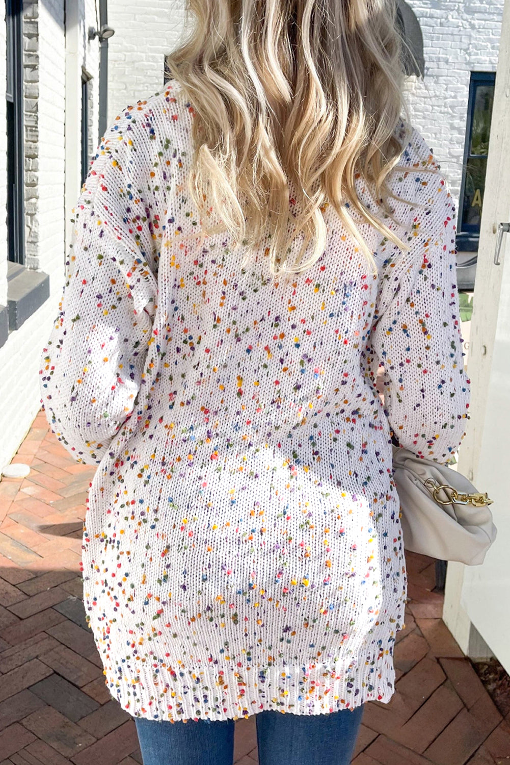 White Multicolor Dotted Rib Knit Long Sleeve Cardigan