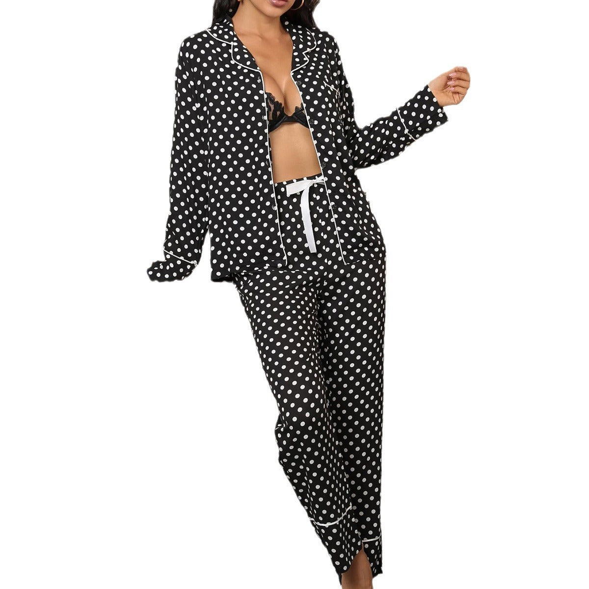 Ladies' Homewear Autumn And Winter Polka Dot Printed Long-sleeved Shirt Trousers Two-piece Pajamas