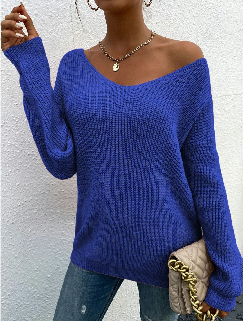 Lace Backless Hollow Out V-neck Pullover Long Sleeve Sweater